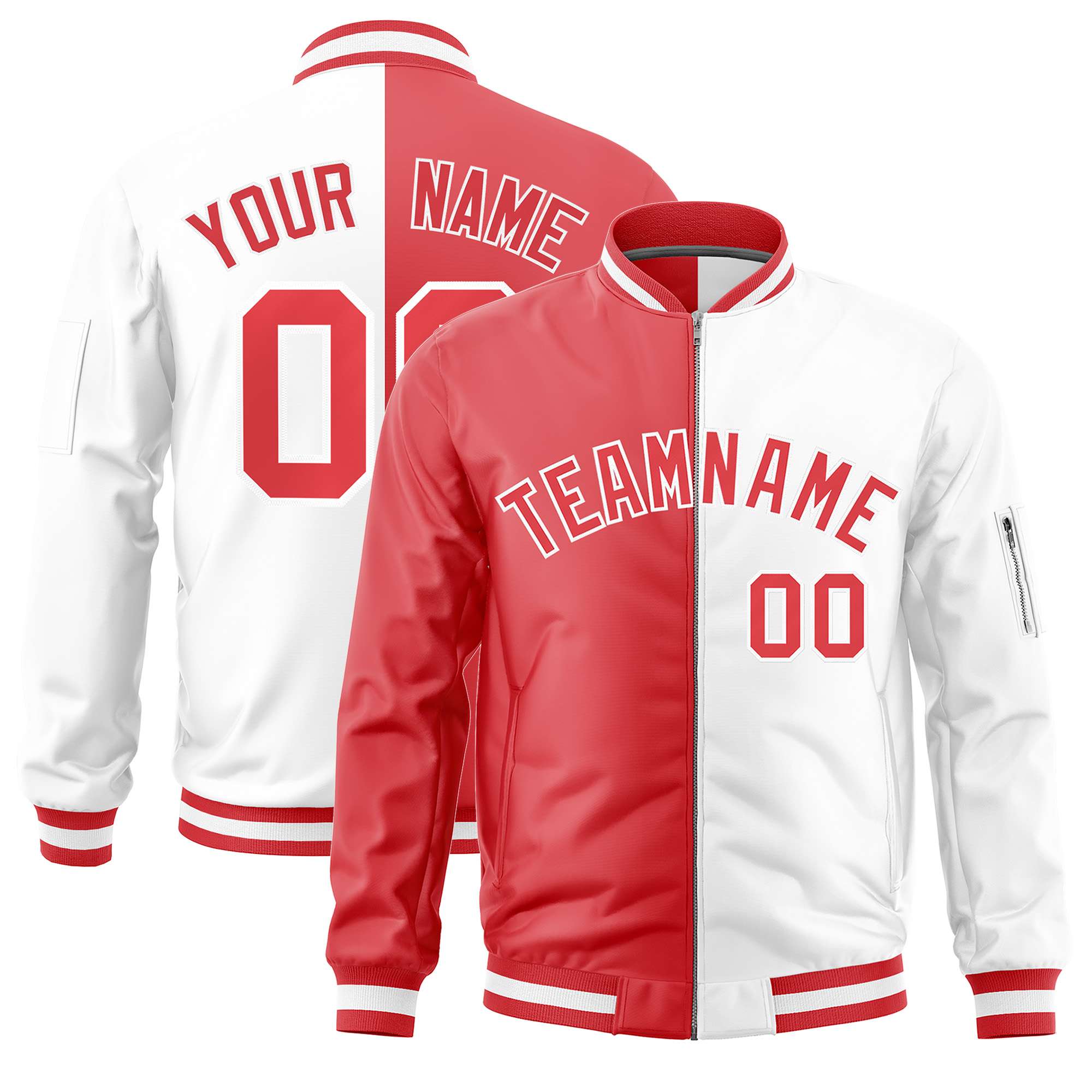 Custom Light Red White Split Varsity Full-Zip Two Tone Letterman Bomber Jacket