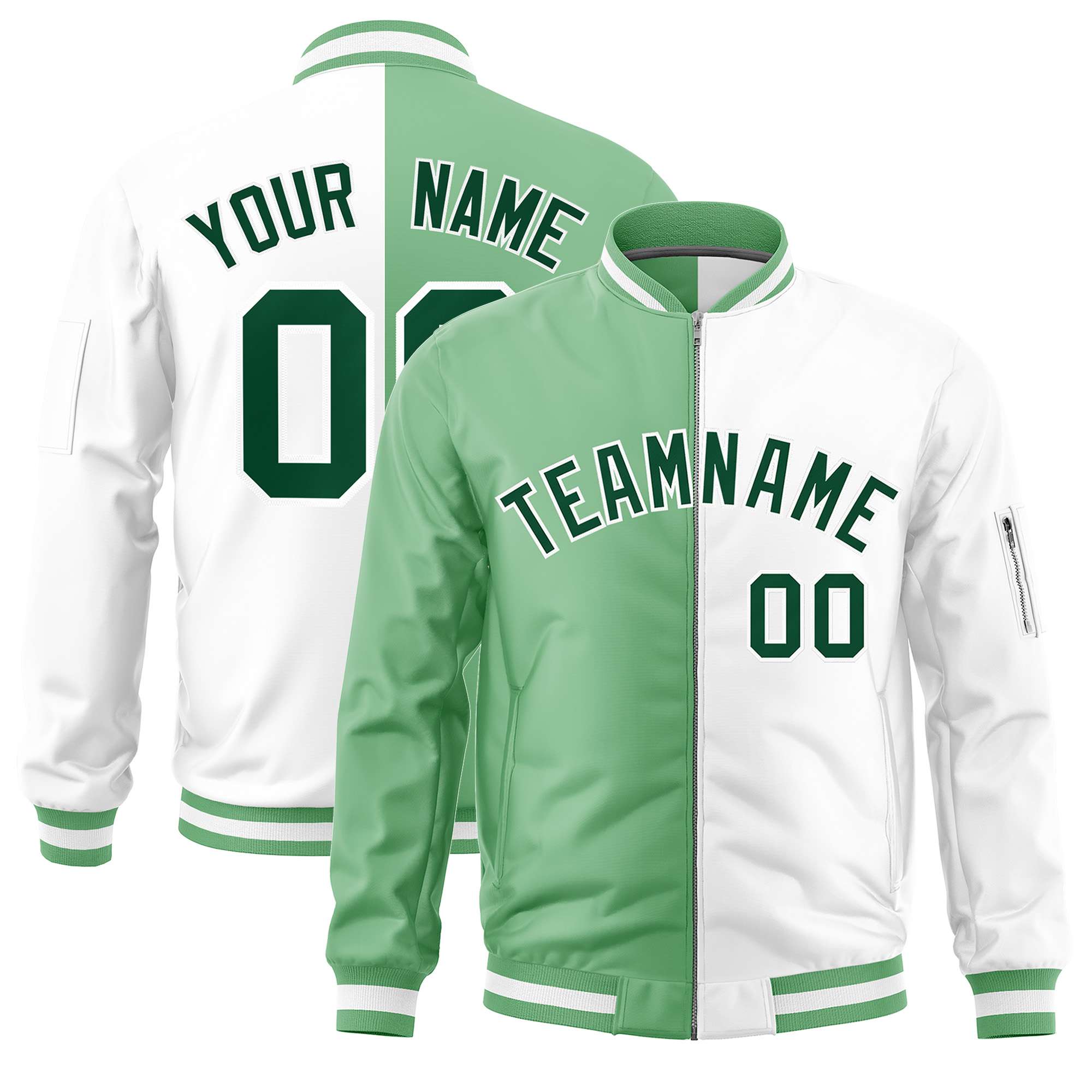 Custom Light Green White Split Varsity Full-Zip Two Tone Letterman Bomber Jacket