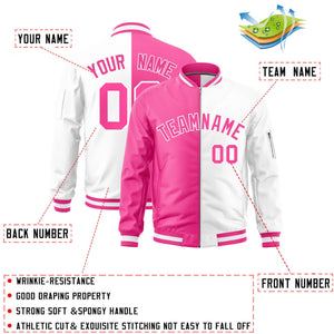 Custom Pink White Split Varsity Full-Zip Two Tone Letterman Bomber Jacket