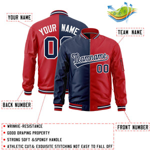 Custom Navy Red Split Varsity Full-Zip Two Tone Letterman Bomber Jacket