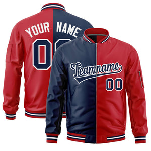 Custom Navy Red Split Varsity Full-Zip Two Tone Letterman Bomber Jacket