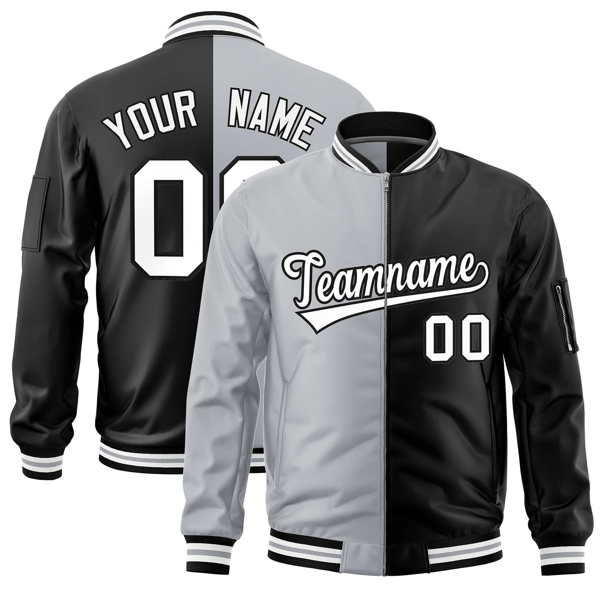 Custom Gray Black Split Varsity Full-Zip Two Tone Letterman Bomber Jacket