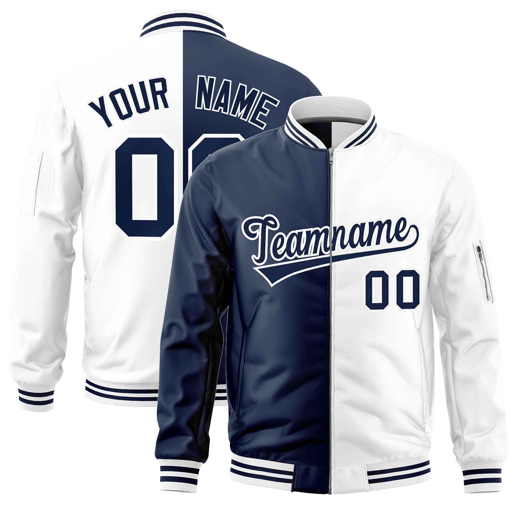 Custom Navy White Split Varsity Full-Zip Two Tone Letterman Bomber Jacket