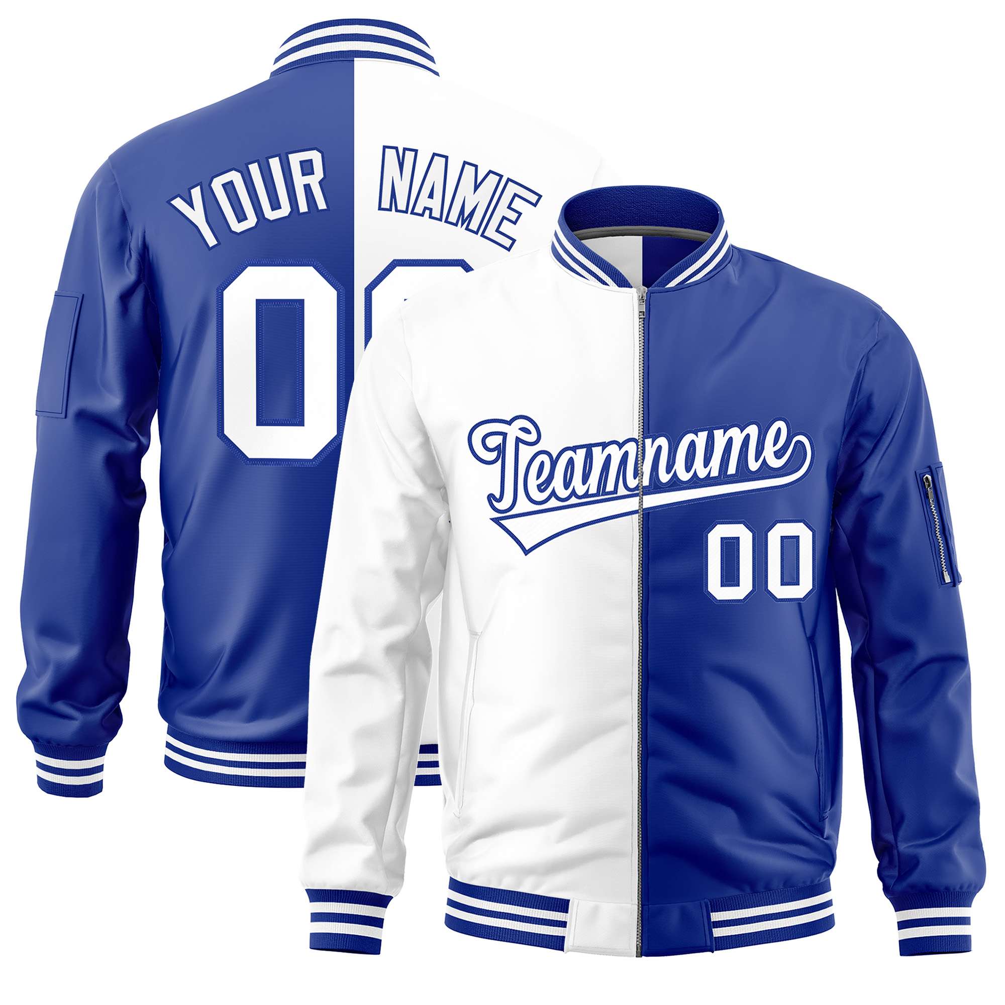 Custom White Royal Split Varsity Full-Zip Two Tone Letterman Bomber Jacket