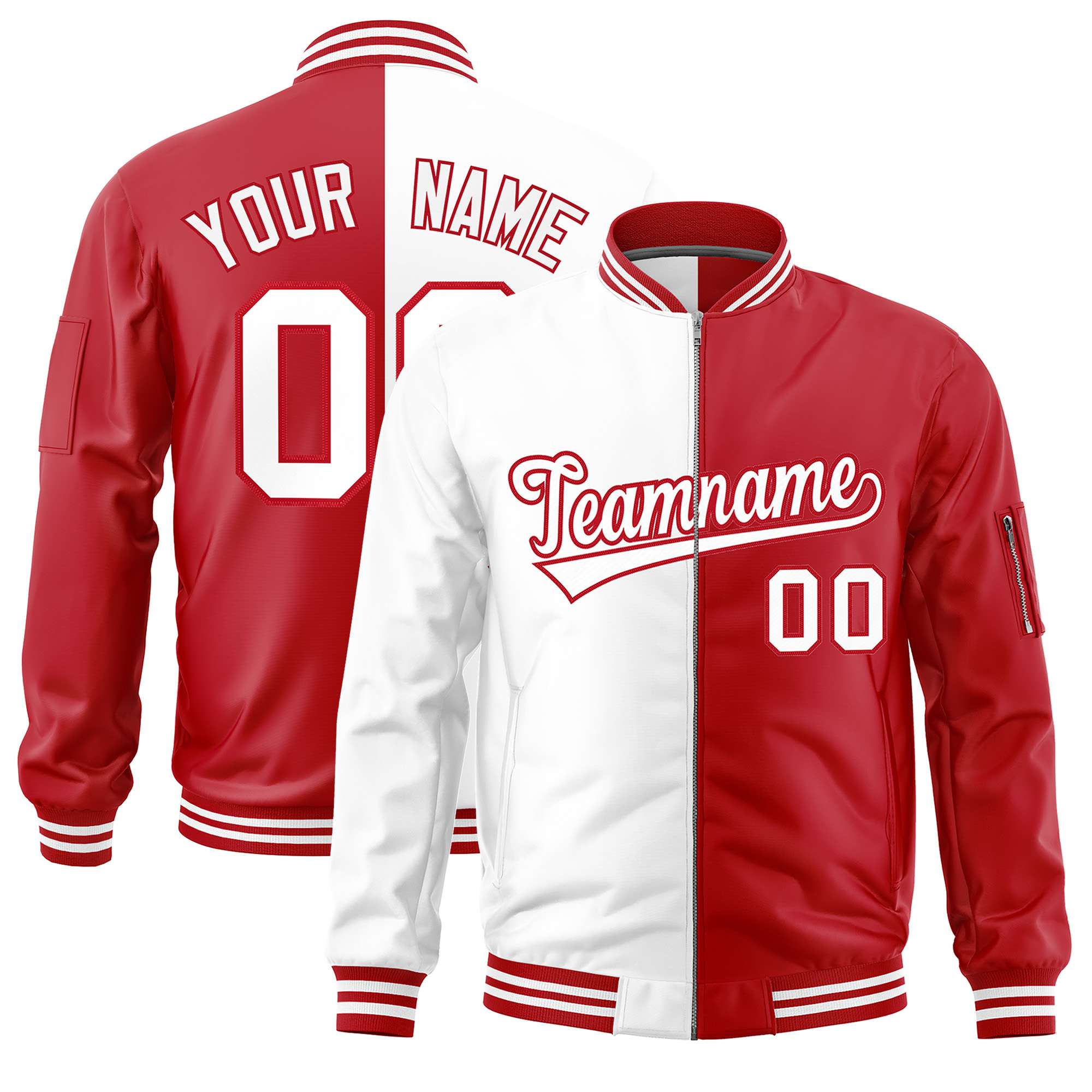 Custom White Red Split Varsity Full-Zip Two Tone Letterman Bomber Jacket