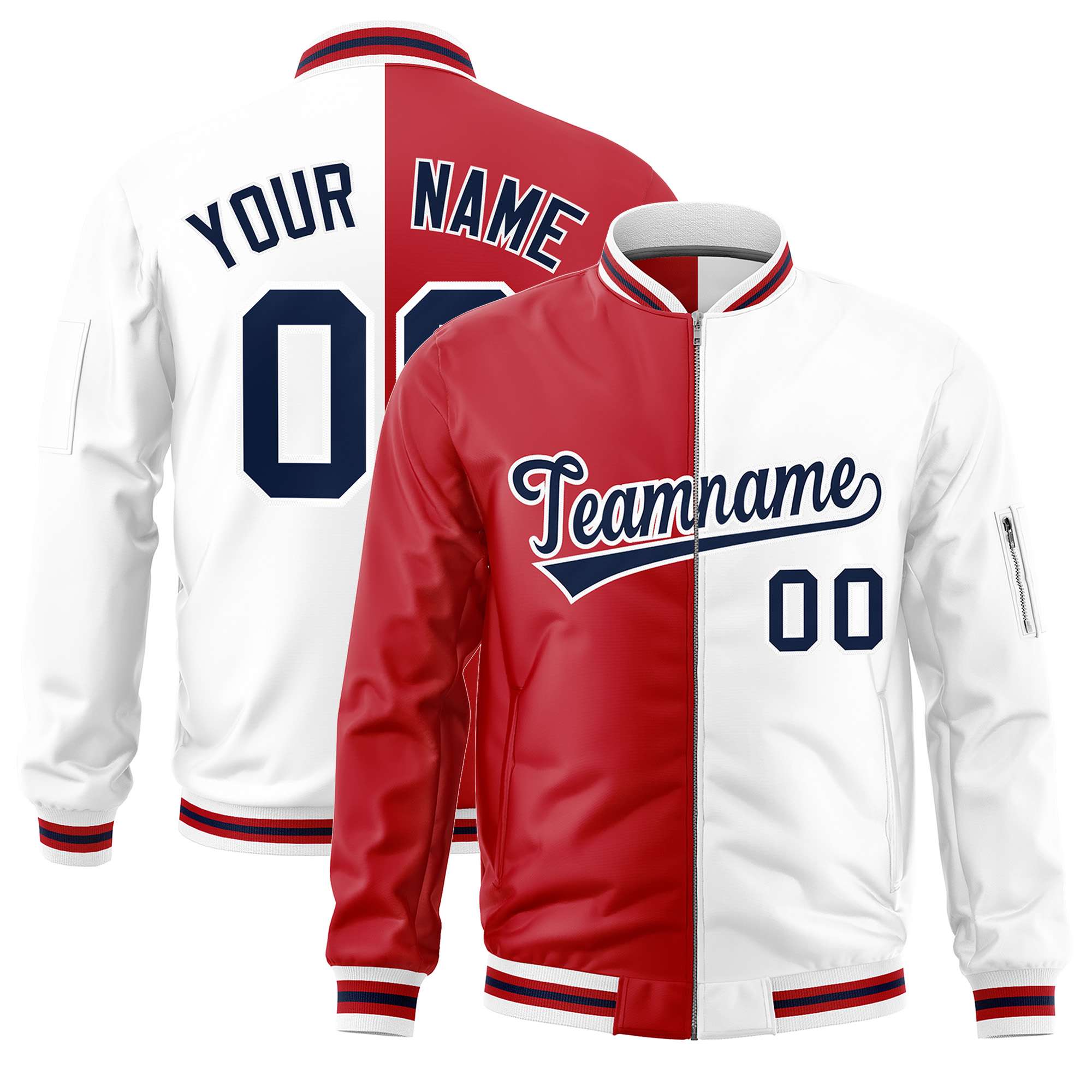 Custom Red White Split Varsity Full-Zip Two Tone Letterman Bomber Jacket