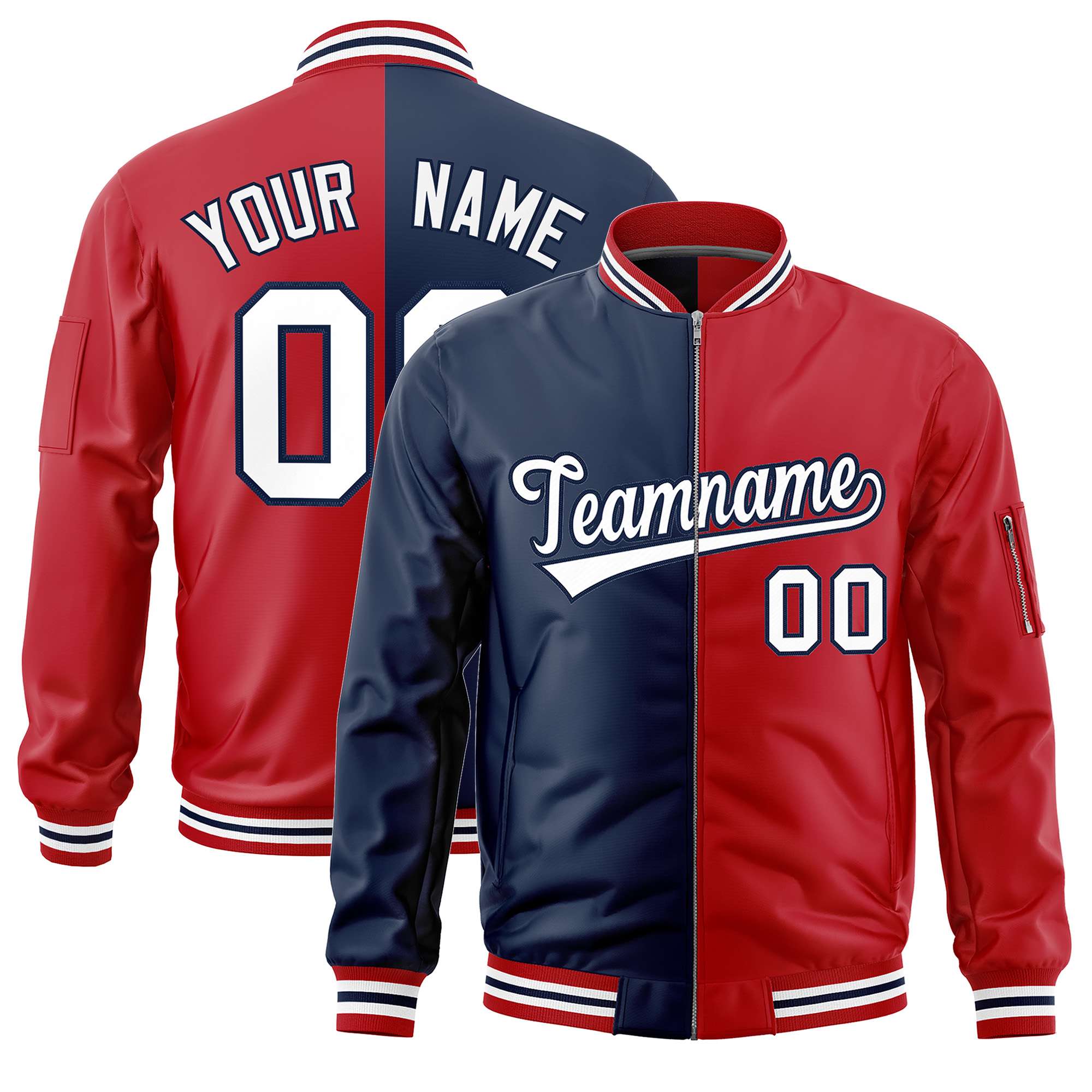 Custom Navy Red Split Varsity Full-Zip Two Tone Letterman Bomber Jacket