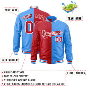 Custom Red Powder Blue Split Varsity Full-Zip Two Tone Letterman Bomber Jacket