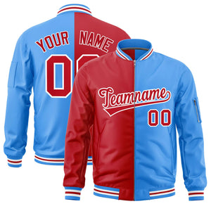 Custom Red Powder Blue Split Varsity Full-Zip Two Tone Letterman Bomber Jacket