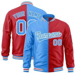 Custom Powder Blue Red Split Varsity Full-Zip Two Tone Letterman Bomber Jacket