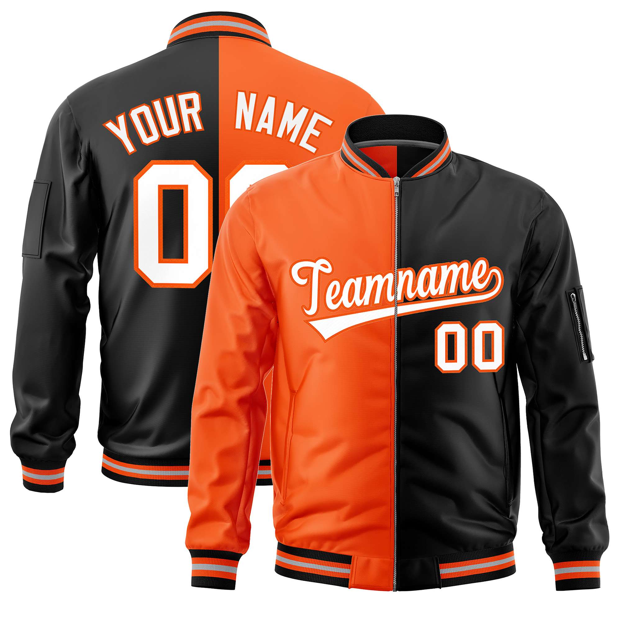 Custom Orange Black Split Varsity Full-Zip Two Tone Letterman Bomber Jacket