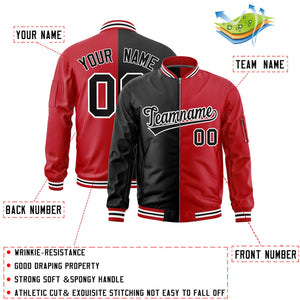 Custom Black Red Split Varsity Full-Zip Two Tone Letterman Bomber Jacket