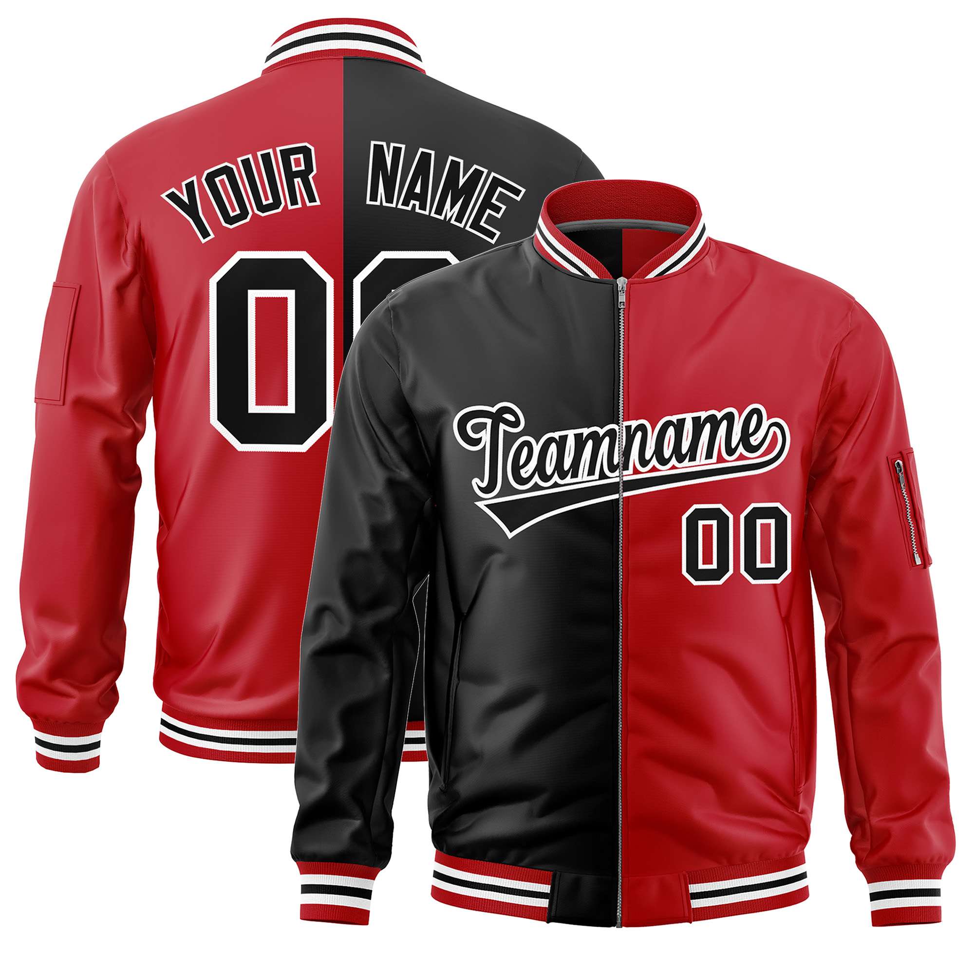 Custom Black Red Split Varsity Full-Zip Two Tone Letterman Bomber Jacket