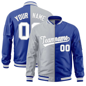 Custom Gray Royal Split Varsity Full-Zip Two Tone Letterman Bomber Jacket