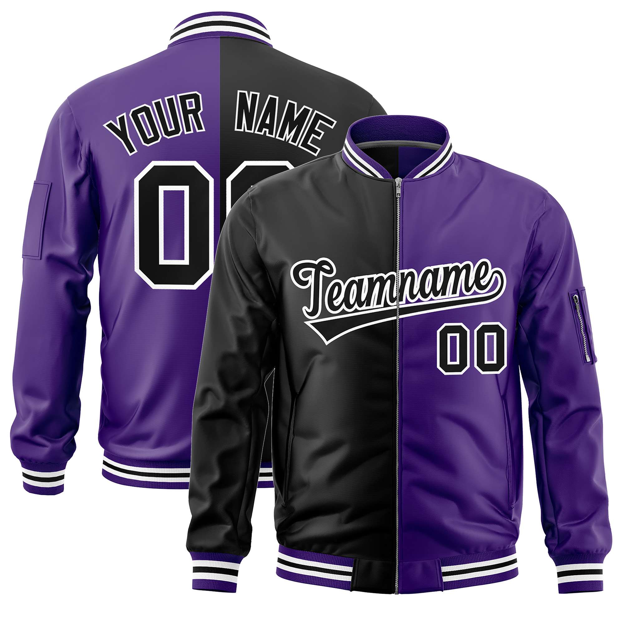 Custom Black Purple Split Varsity Full-Zip Two Tone Letterman Bomber Jacket