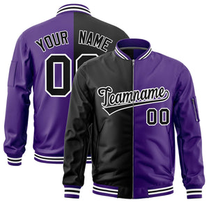 Custom Black Purple Split Varsity Full-Zip Two Tone Letterman Bomber Jacket