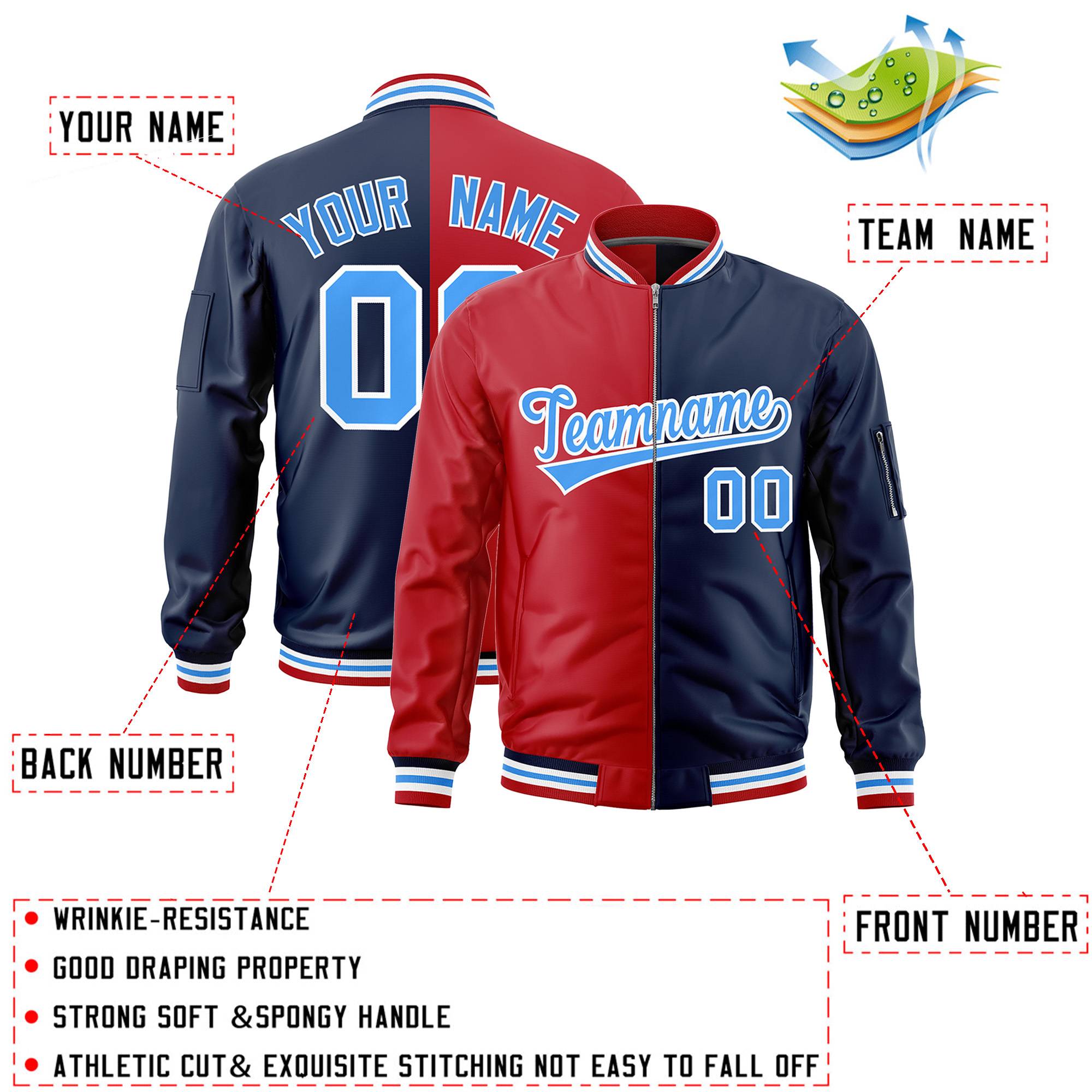 Custom Red Navy Split Varsity Full-Zip Two Tone Letterman Bomber Jacket