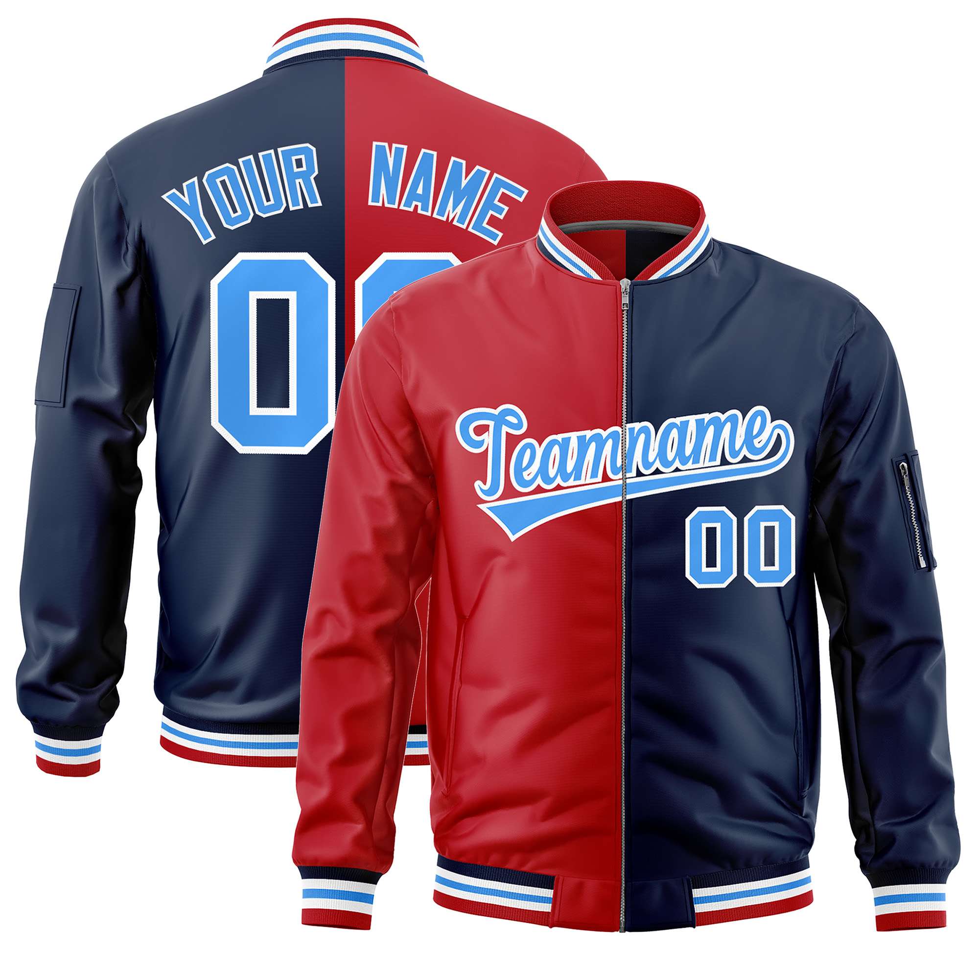 Custom Red Navy Split Varsity Full-Zip Two Tone Letterman Bomber Jacket