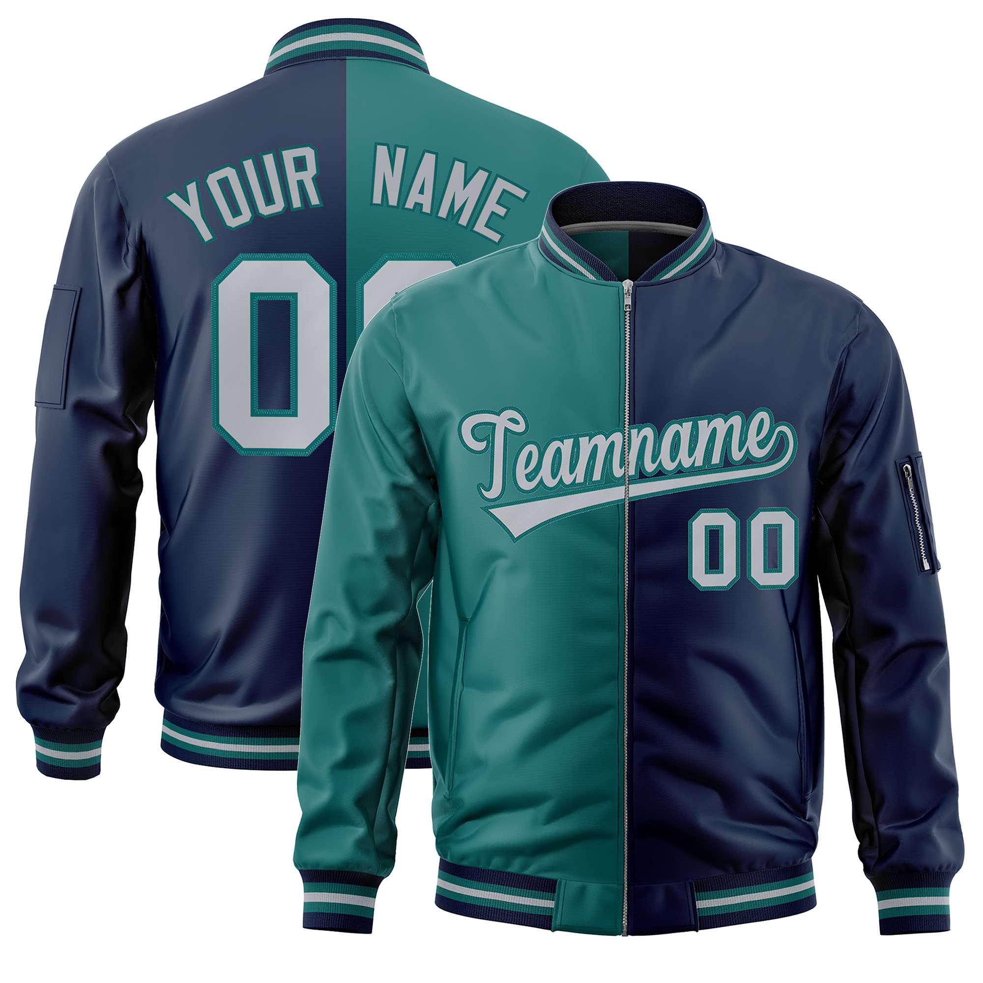 Custom Aqua Navy Split Varsity Full-Zip Two Tone Letterman Bomber Jacket