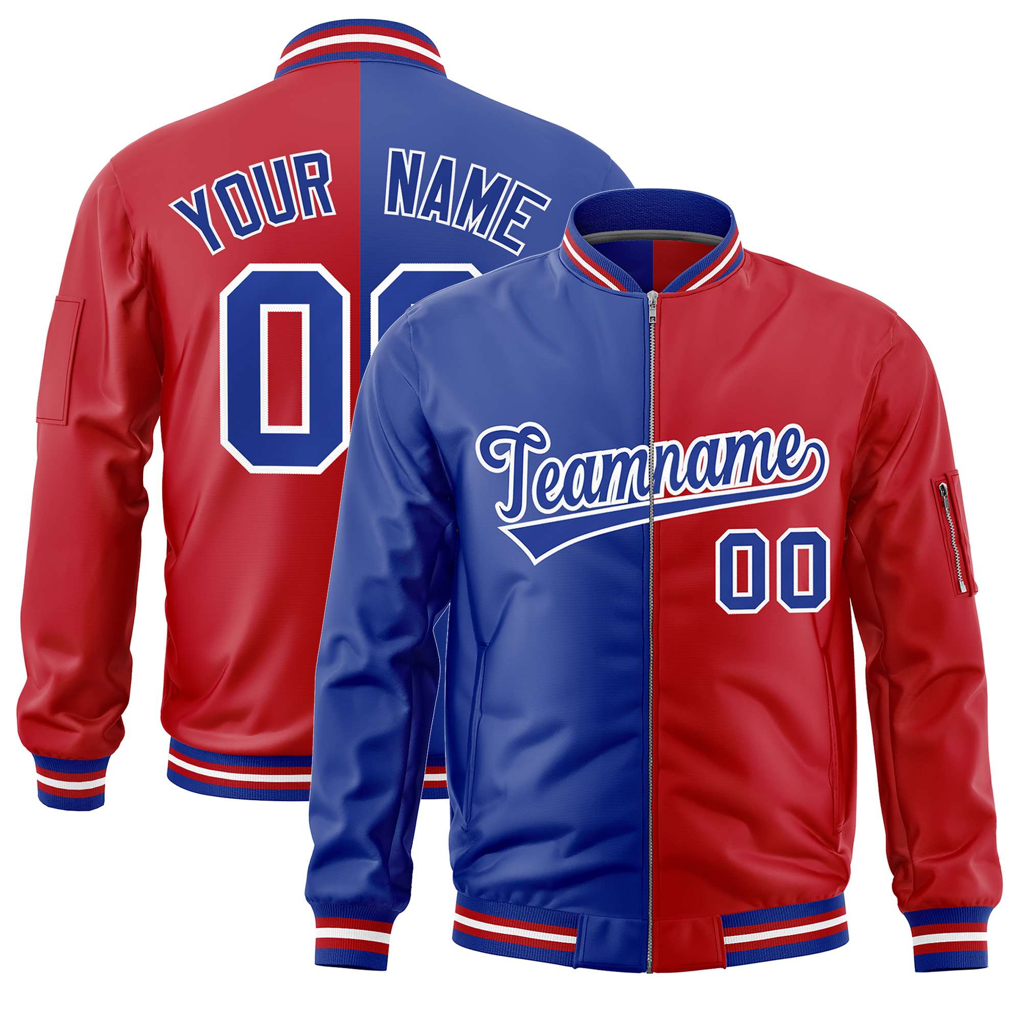 Custom Royal Red Split Varsity Full-Zip Two Tone Letterman Bomber Jacket