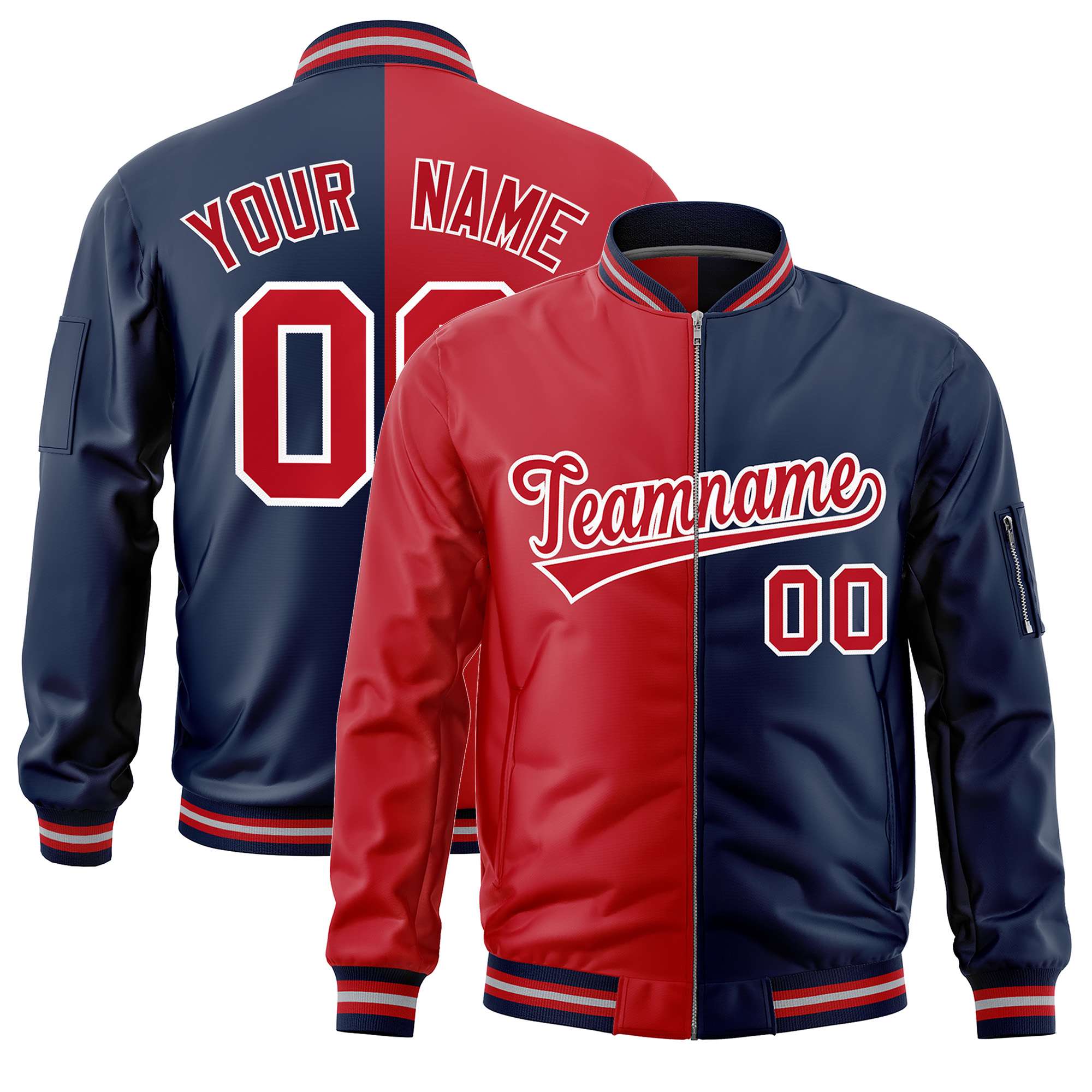 Custom Red Navy Split Varsity Full-Zip Two Tone Letterman Bomber Jacket