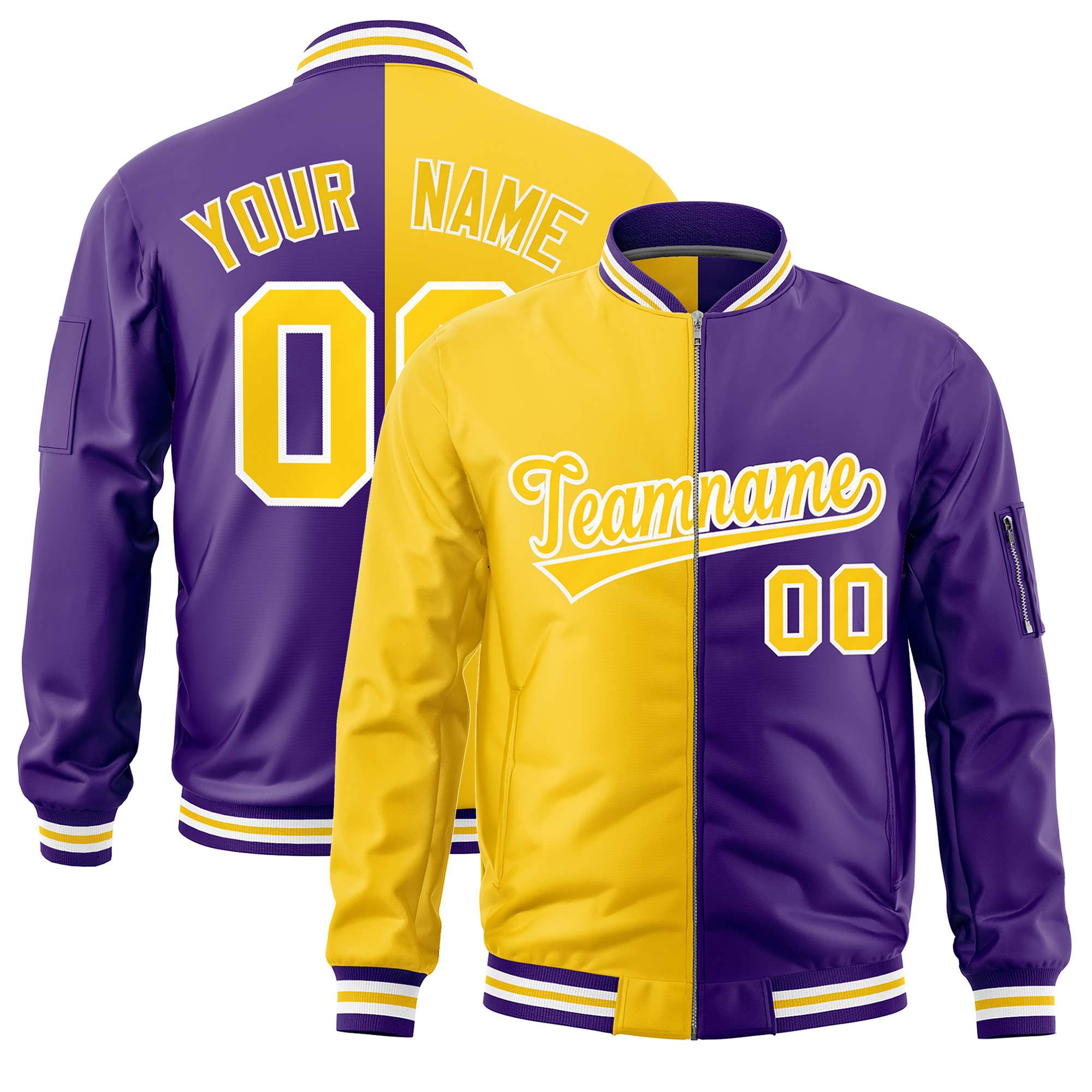 Custom Gold Purple Split Varsity Full-Zip Two Tone Letterman Bomber Jacket