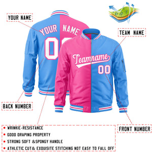 Custom Pink Powder Blue Split Varsity Full-Zip Two Tone Letterman Bomber Jacket