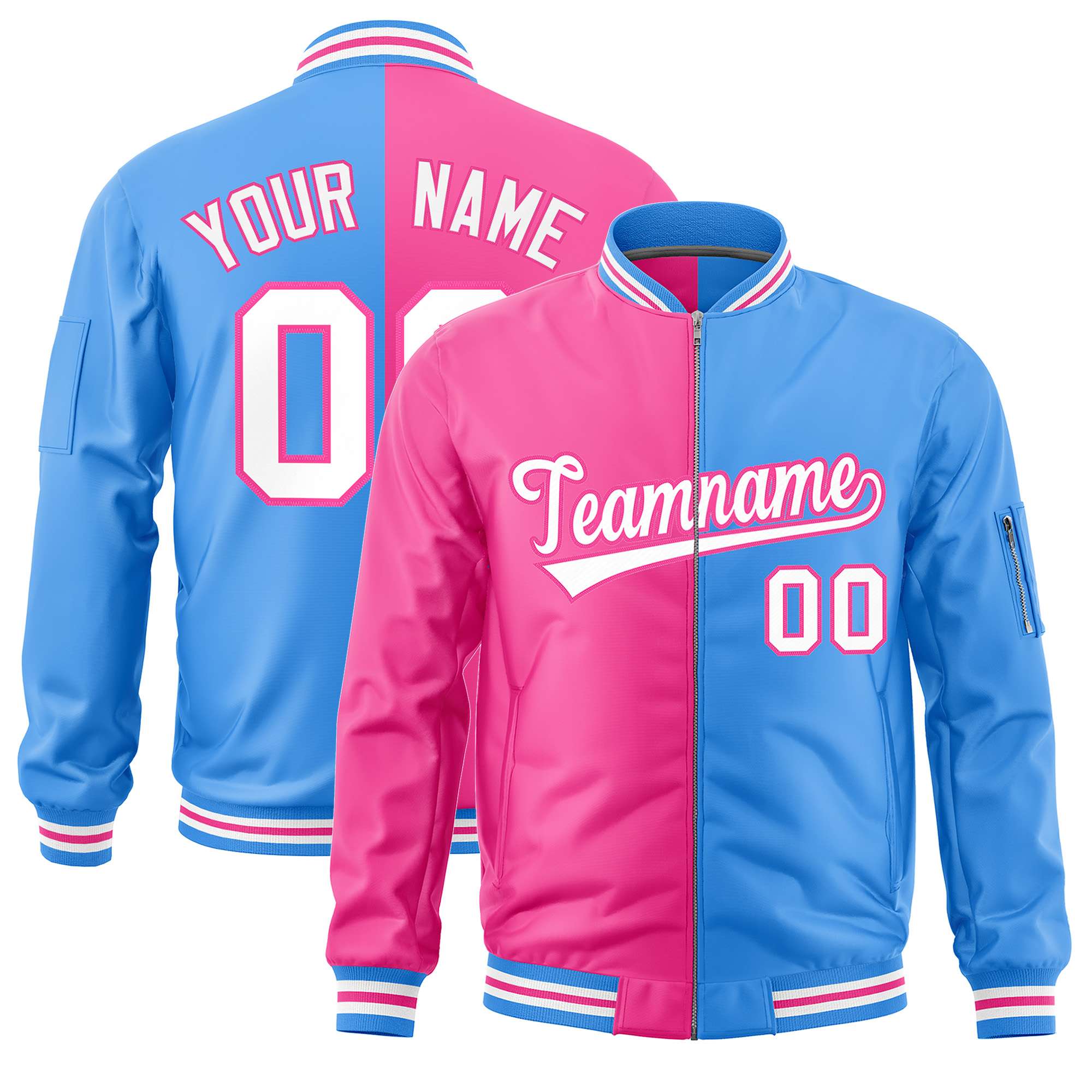 Custom Pink Powder Blue Split Varsity Full-Zip Two Tone Letterman Bomber Jacket