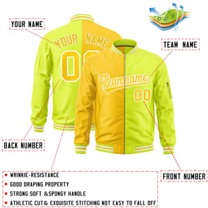 Custom Gold Fluorescent Green Split Varsity Full-Zip Two Tone Letterman Bomber Jacket