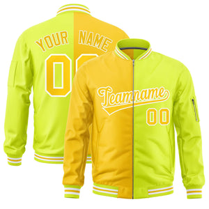 Custom Gold Fluorescent Green Split Varsity Full-Zip Two Tone Letterman Bomber Jacket