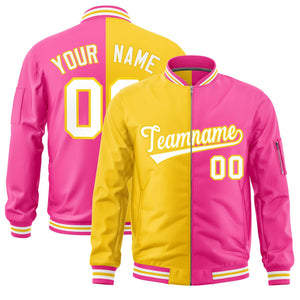 Custom Gold Pink Split Varsity Full-Zip Two Tone Letterman Bomber Jacket