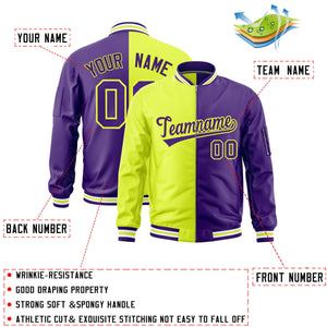 Custom Fluorescent Green Purple Split Varsity Full-Zip Two Tone Letterman Bomber Jacket