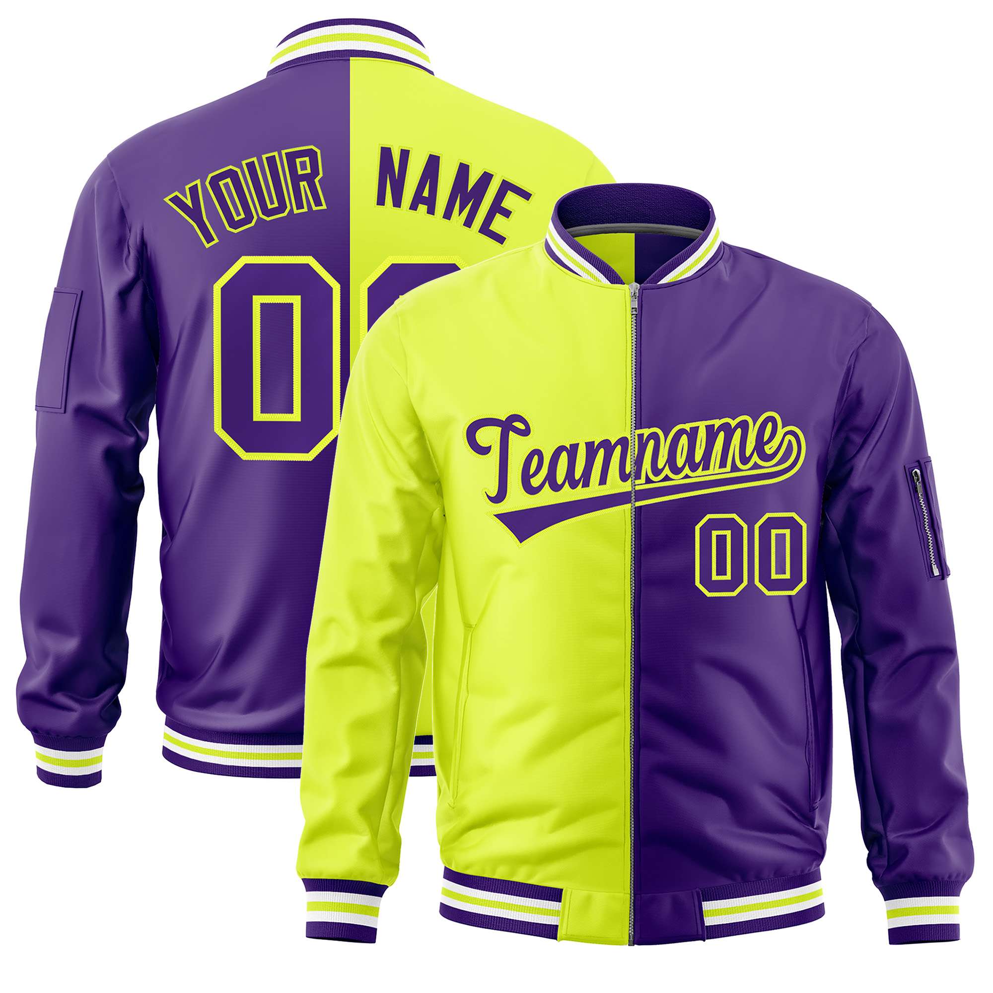 Custom Fluorescent Green Purple Split Varsity Full-Zip Two Tone Letterman Bomber Jacket