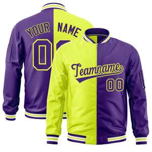 Custom Fluorescent Green Purple Split Varsity Full-Zip Two Tone Letterman Bomber Jacket