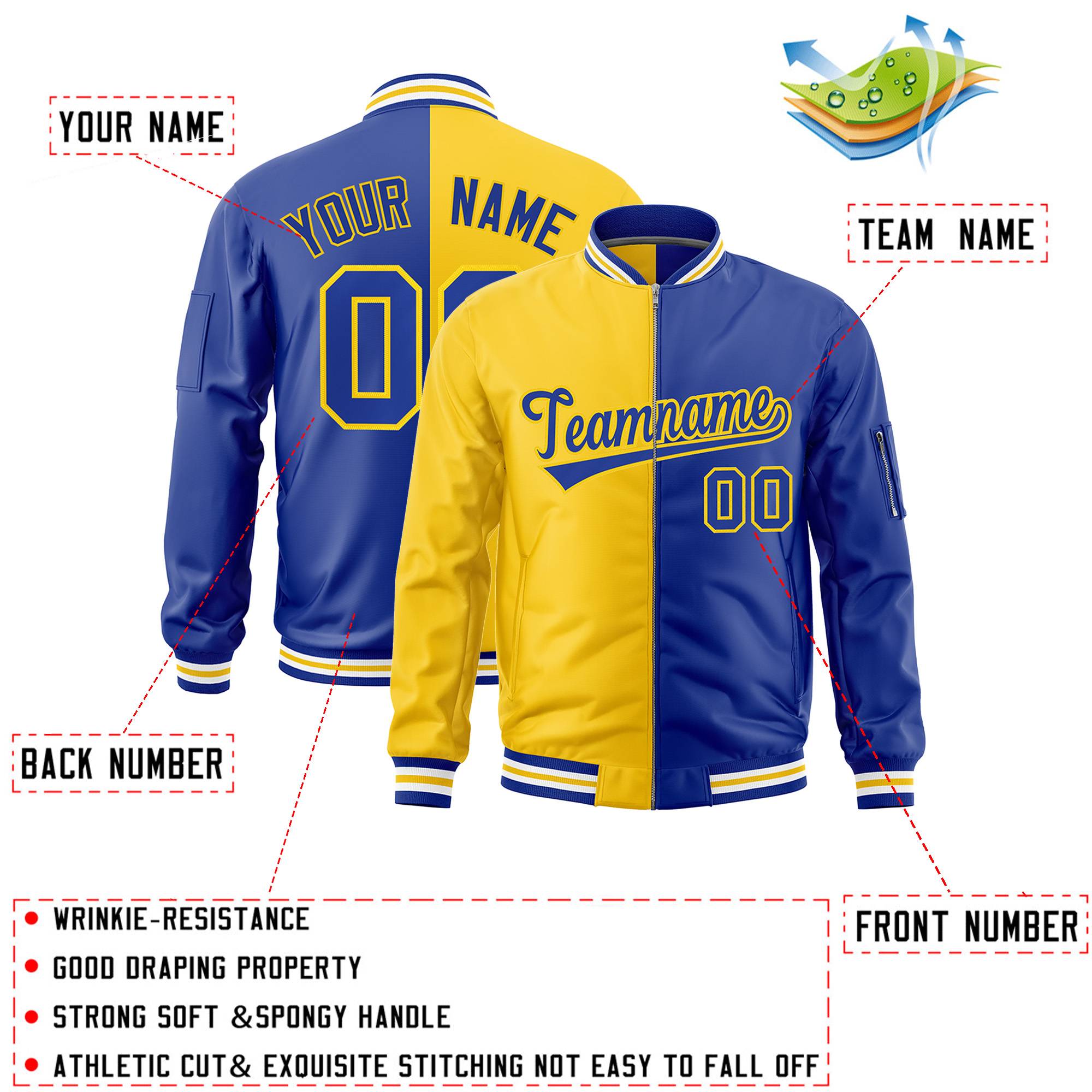 Custom Gold Royal Split Varsity Full-Zip Two Tone Letterman Bomber Jacket