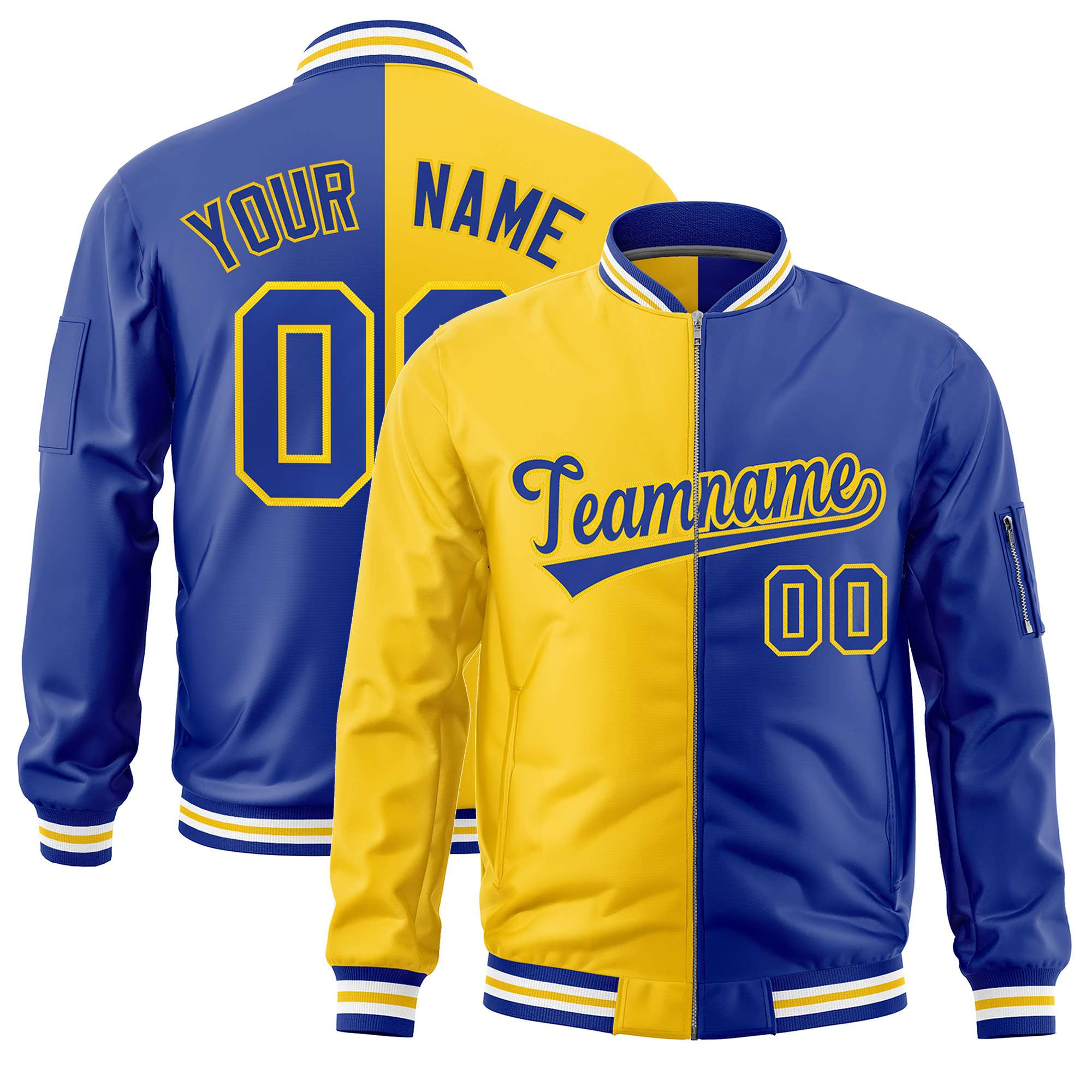 Custom Gold Royal Split Varsity Full-Zip Two Tone Letterman Bomber Jacket