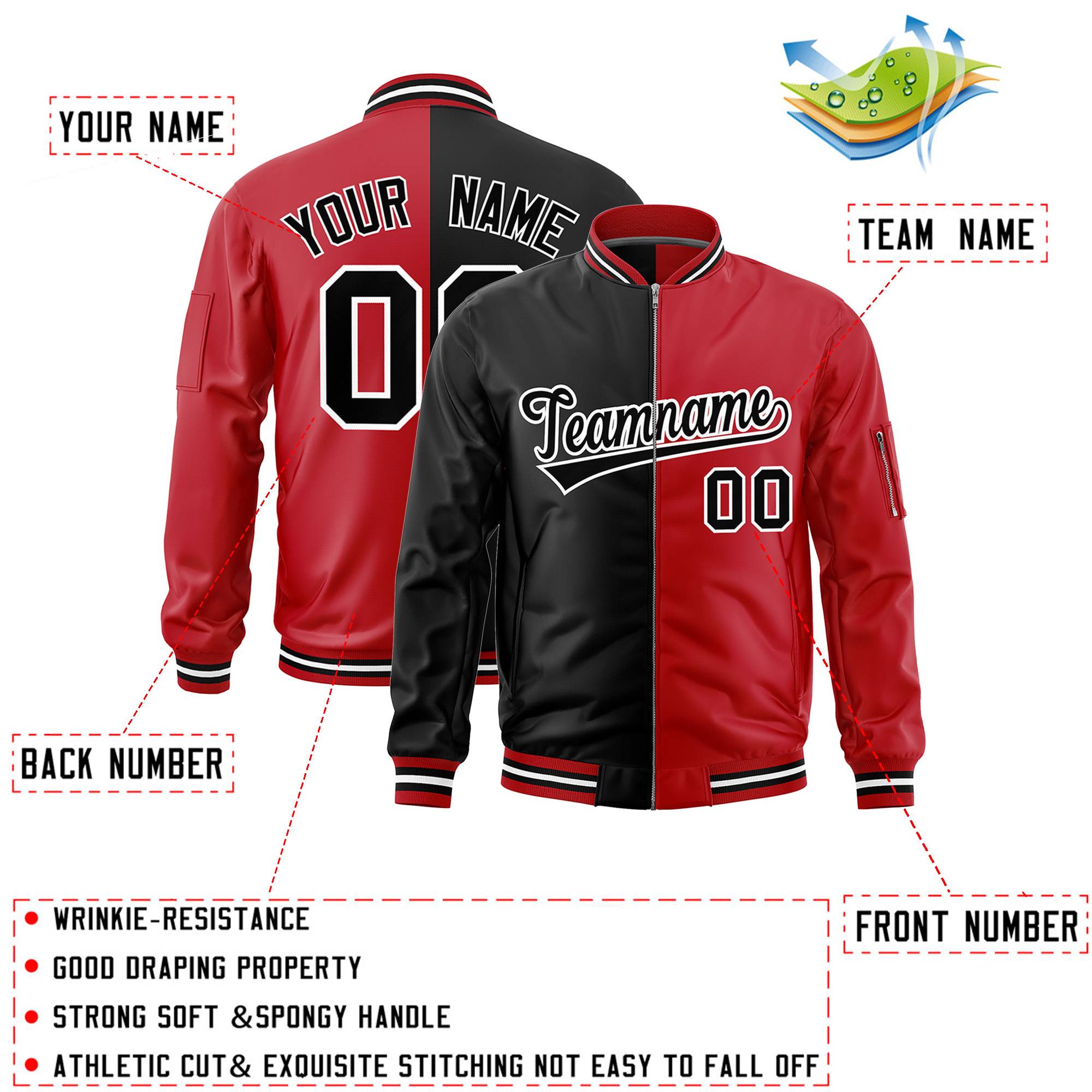 Custom Black Red Split Varsity Full-Zip Two Tone Letterman Bomber Jacket