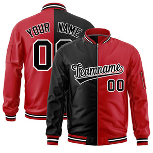 Custom Black Red Split Varsity Full-Zip Two Tone Letterman Bomber Jacket