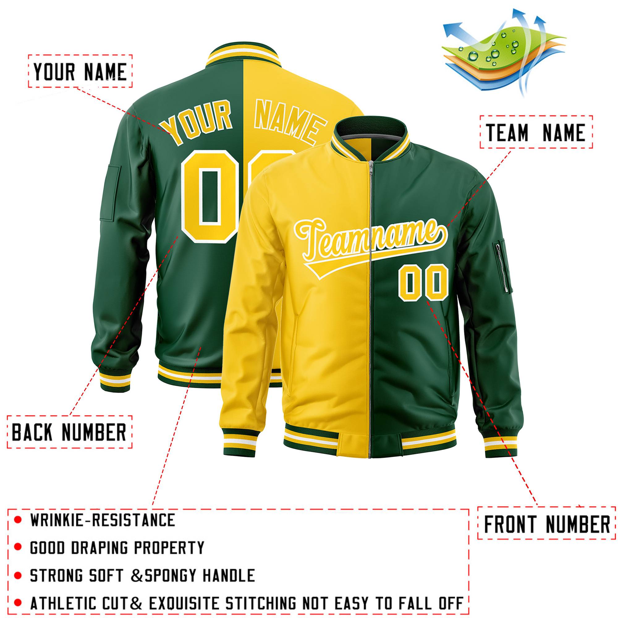 Custom Gold Green Split Varsity Full-Zip Two Tone Letterman Bomber Jacket