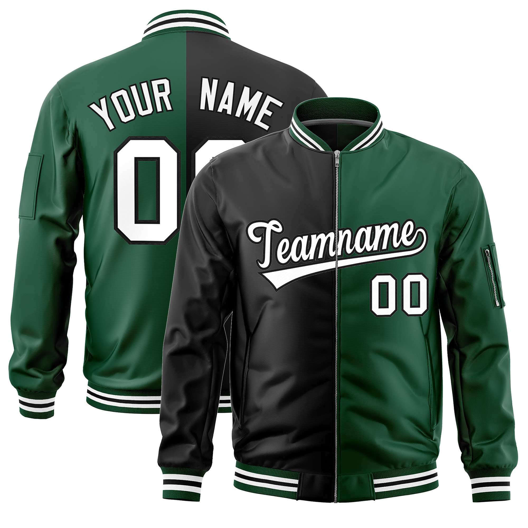 Custom Black Green Split Varsity Full-Zip Two Tone Letterman Bomber Jacket