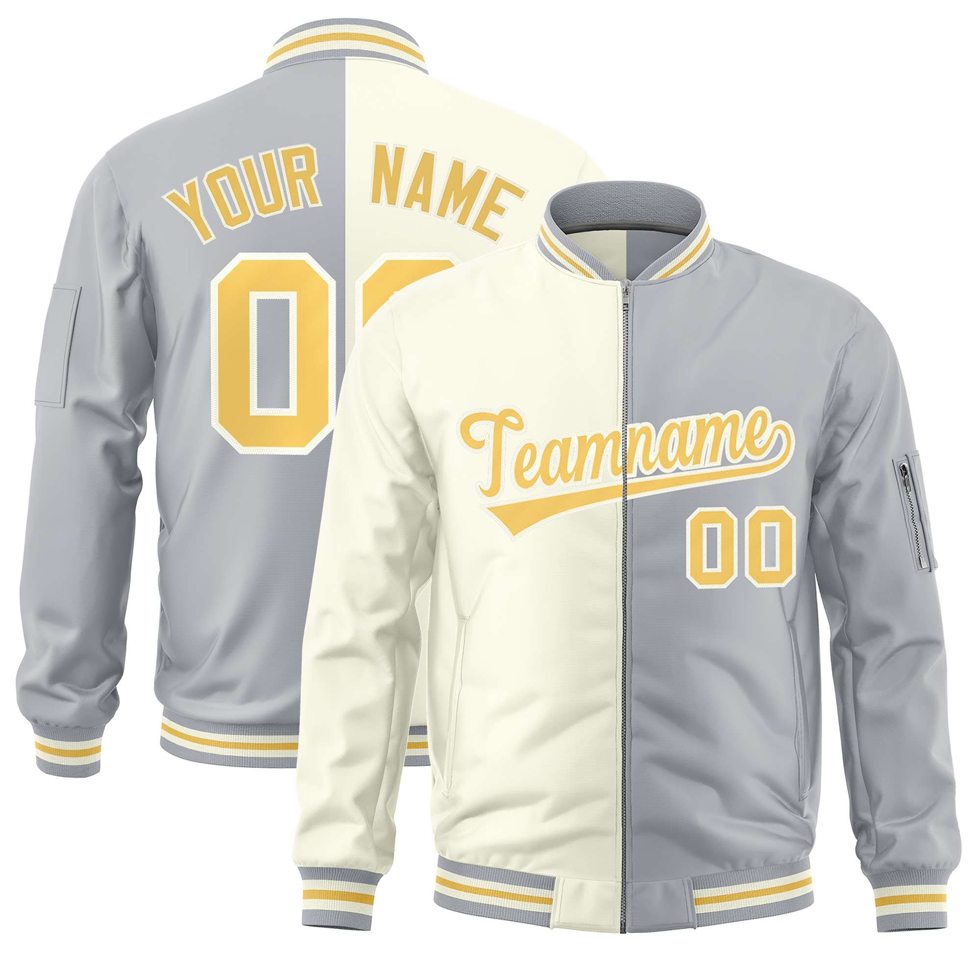 Custom Cream Gray Split Varsity Full-Zip Two Tone Letterman Bomber Jacket