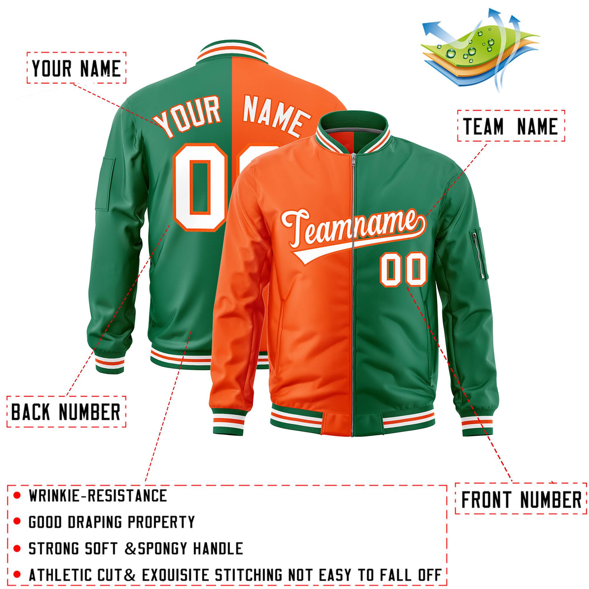 Custom Orange Kelly Green Split Varsity Full-Zip Two Tone Letterman Bomber Jacket