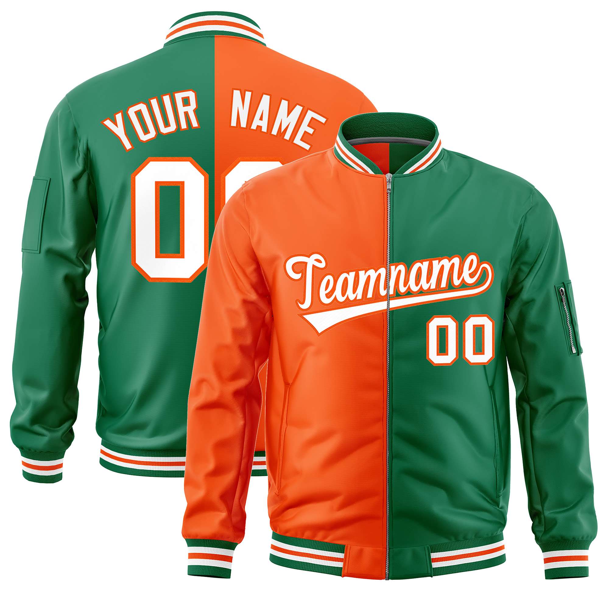 Custom Orange Kelly Green Split Varsity Full-Zip Two Tone Letterman Bomber Jacket