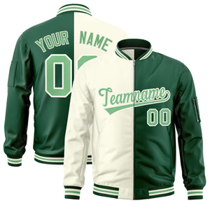 Custom Cream Green Split Varsity Full-Zip Two Tone Letterman Bomber Jacket