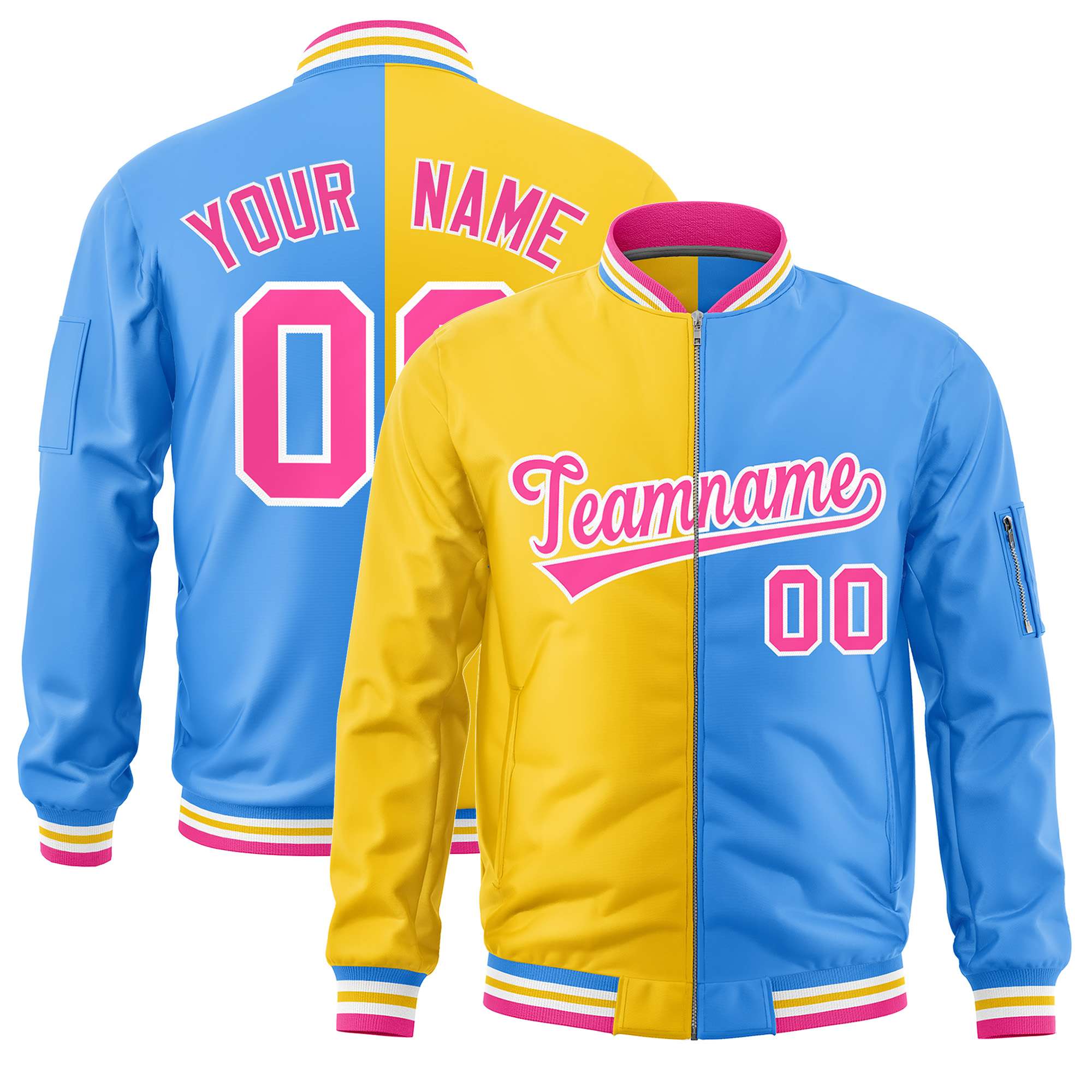 Custom Gold Powder Blue Split Varsity Full-Zip Two Tone Letterman Bomber Jacket