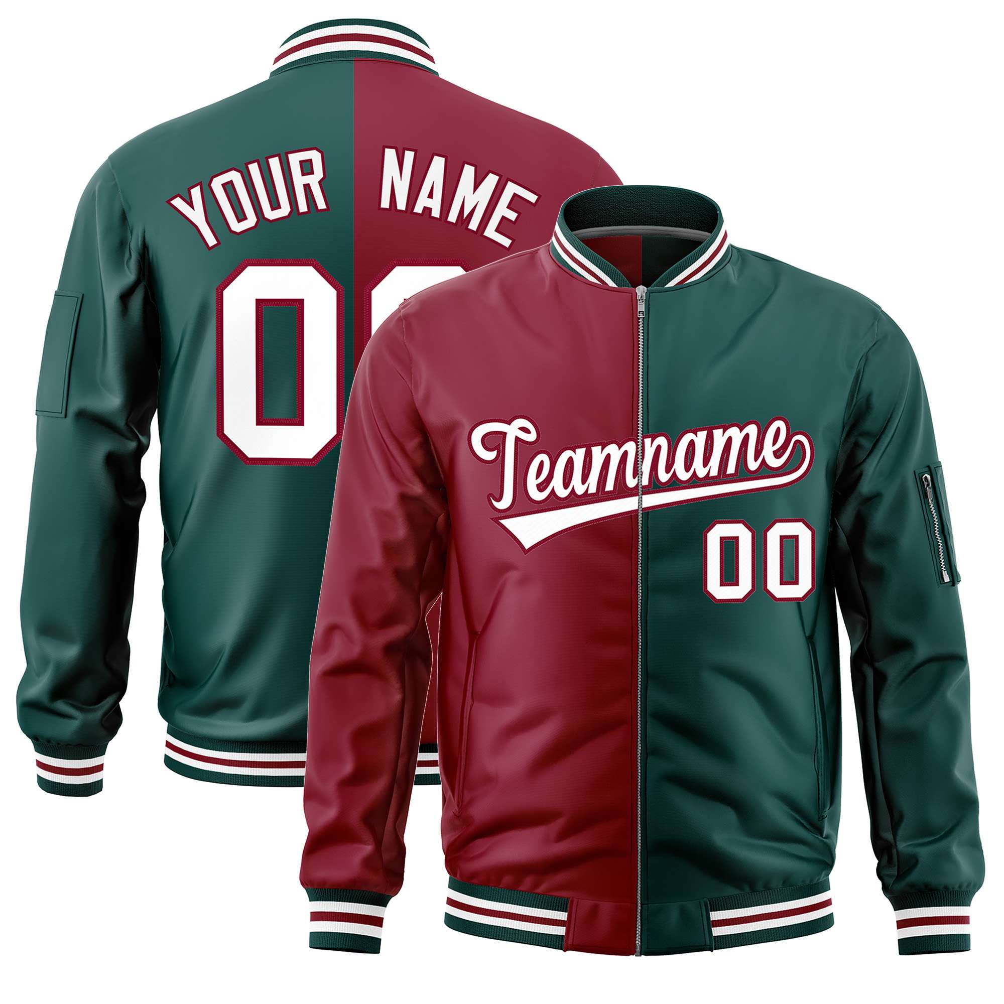 Custom Crimson Midnight Green Split Varsity Full-Zip Two Tone Letterman Bomber Jacket