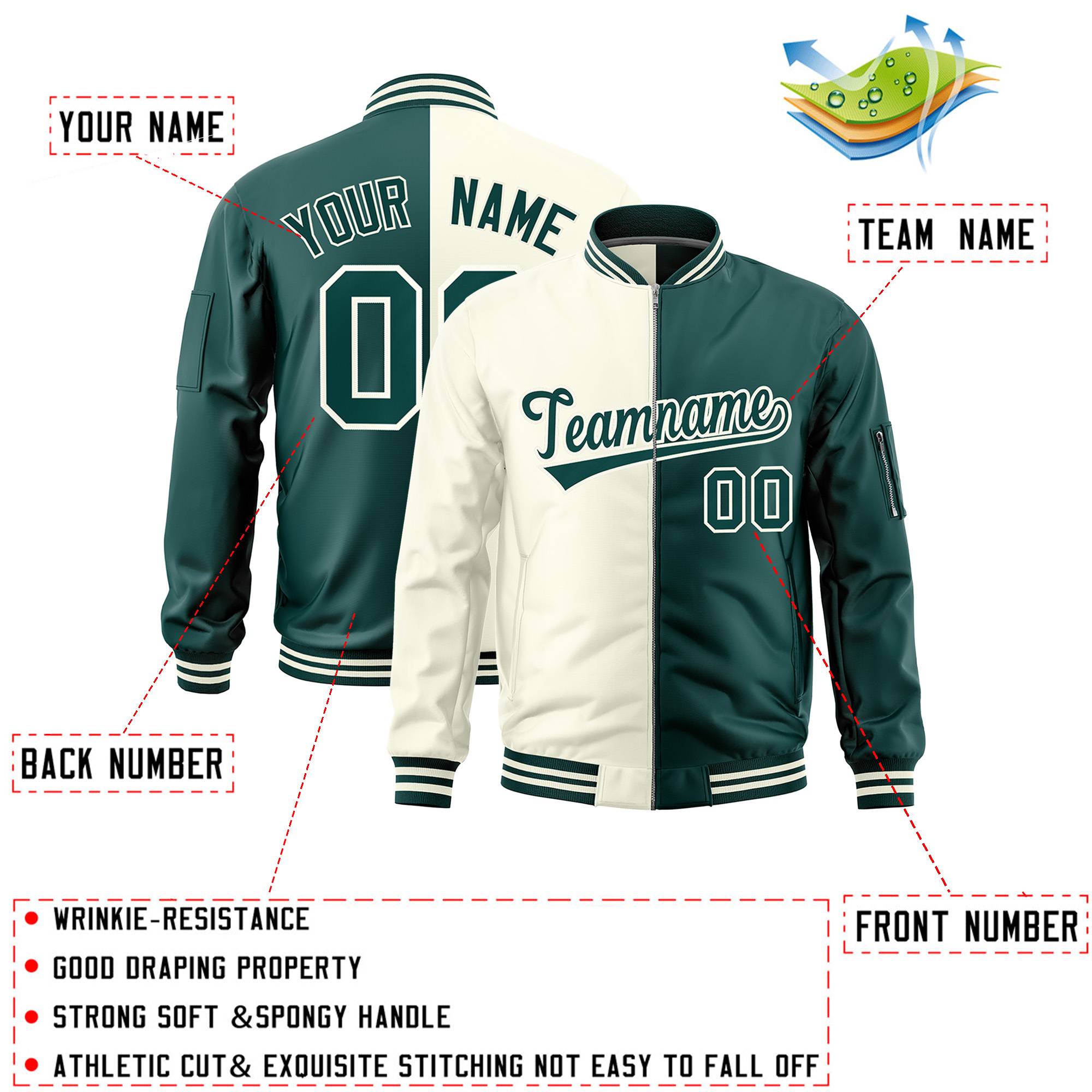 Custom Cream Midnight Green Split Varsity Full-Zip Two Tone Letterman Bomber Jacket