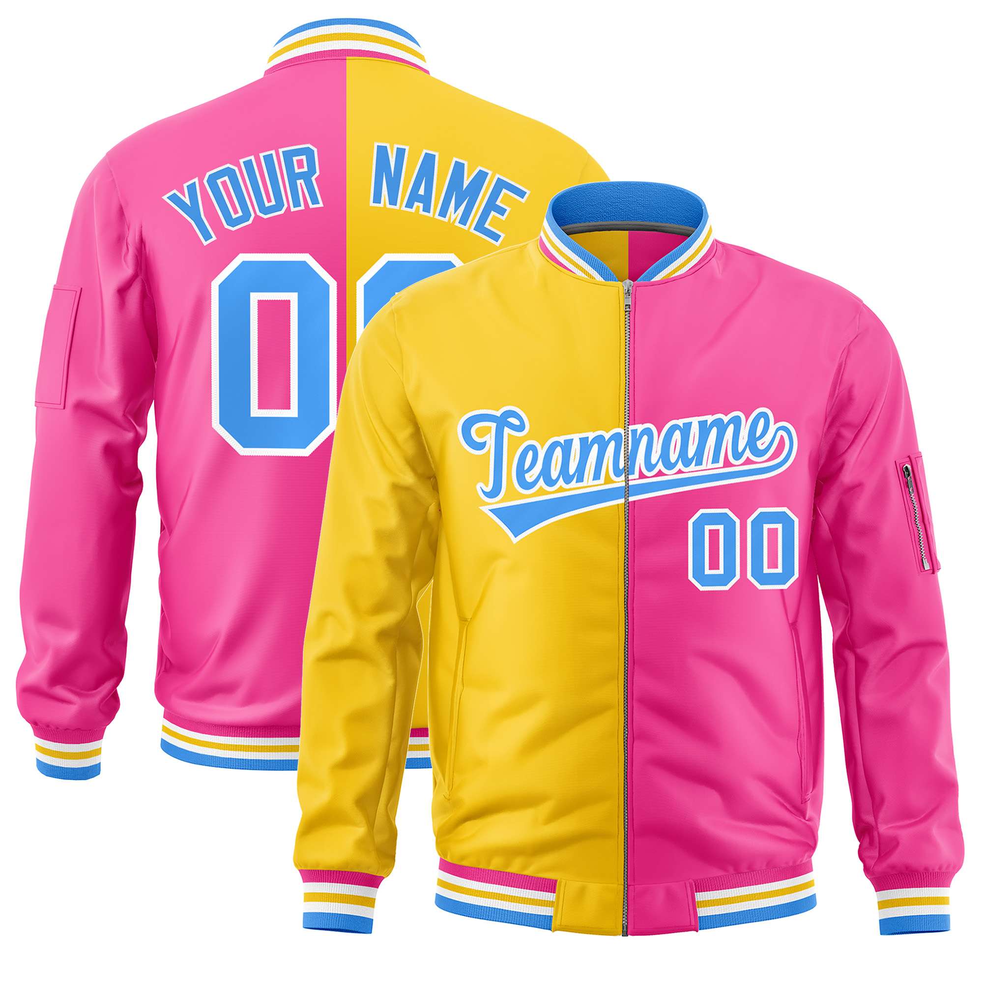 Custom Gold Pink Split Varsity Full-Zip Two Tone Letterman Bomber Jacket