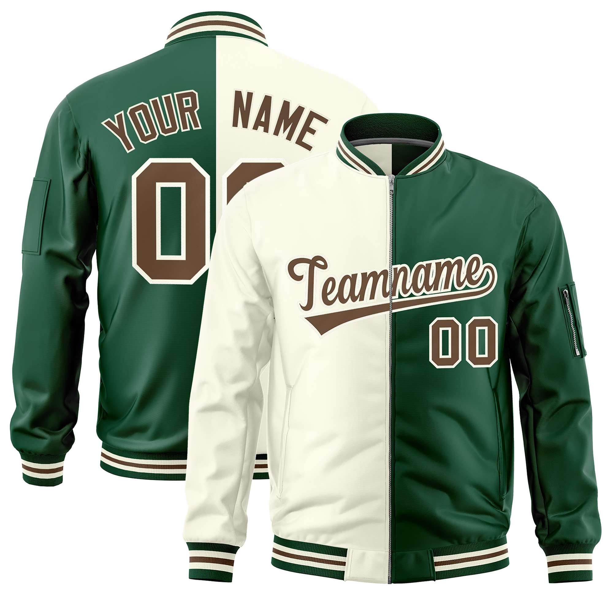 Custom Cream Green Split Varsity Full-Zip Two Tone Letterman Bomber Jacket