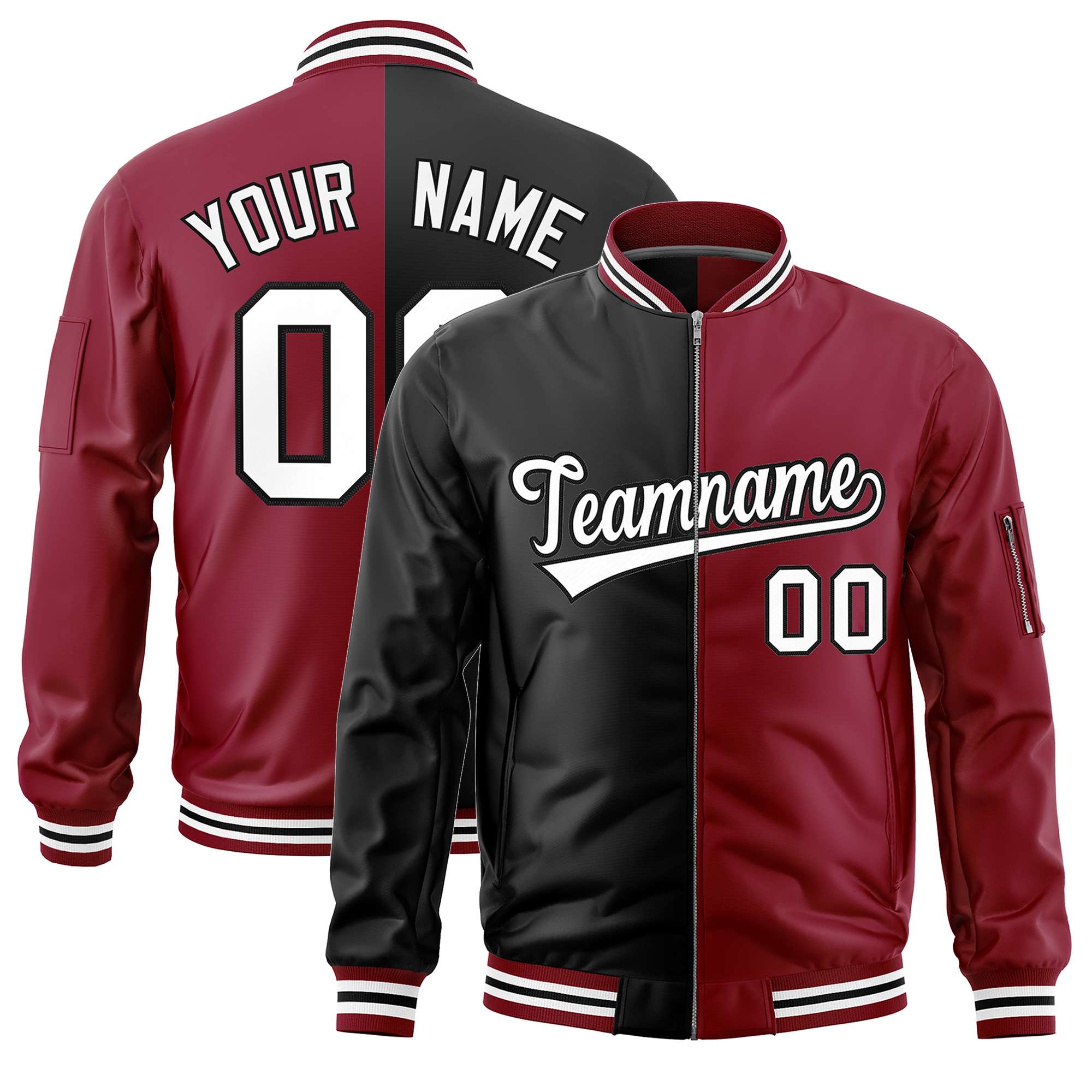 Custom Black Crimson Split Varsity Full-Zip Two Tone Letterman Bomber Jacket